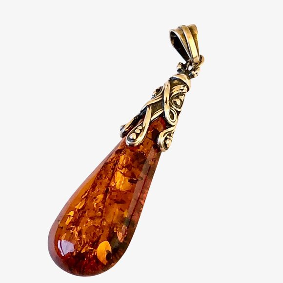 Sterling Silver Honey Baltic Amber Teardrop Pendant - Picture 4 of 11